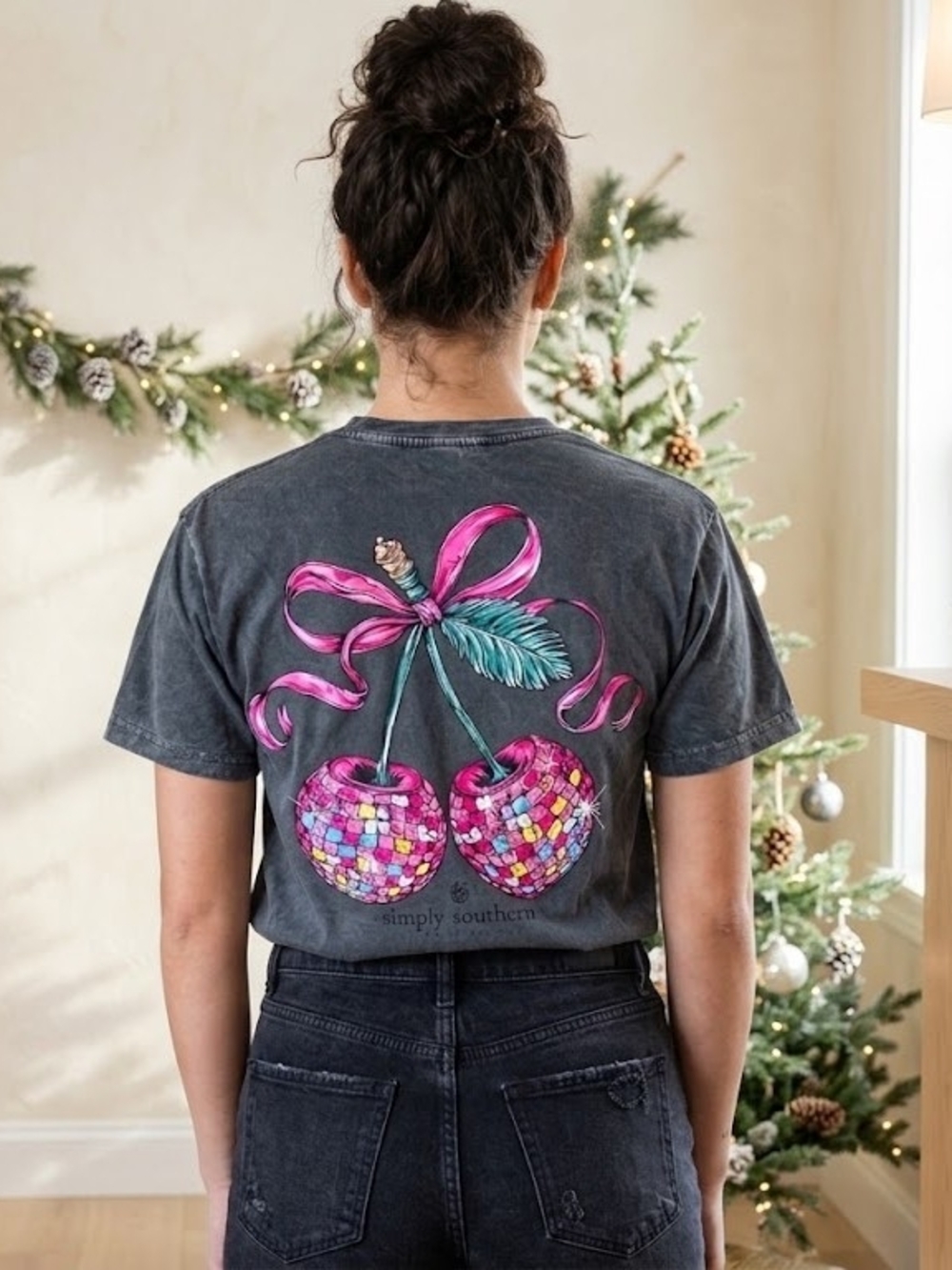 Simply Southern Black Graphic Tee with Pink Mosaic Cherries